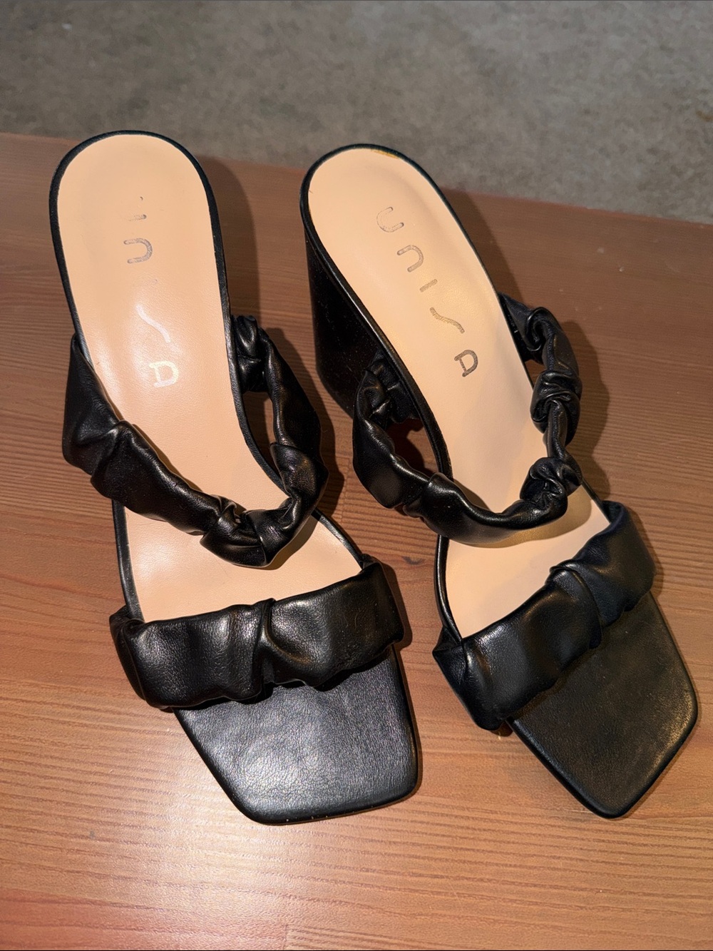 Unisa Black Ruched Strap Mule Sandals